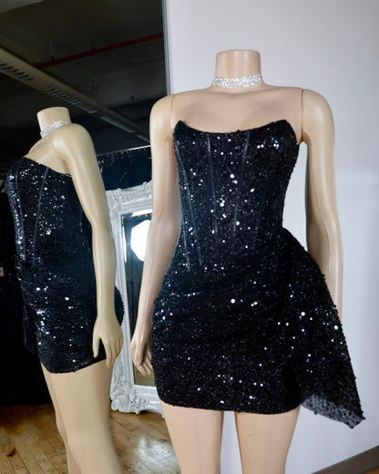 Strapless Corset Sequin Mini Dress with Asymmetrical Drape