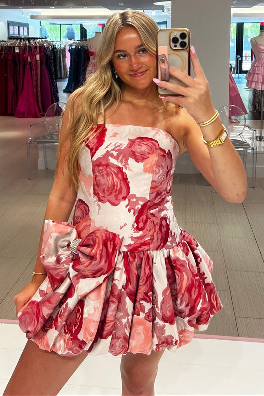 Floral Strapless Bubble Skirt Mini Dress with Bow