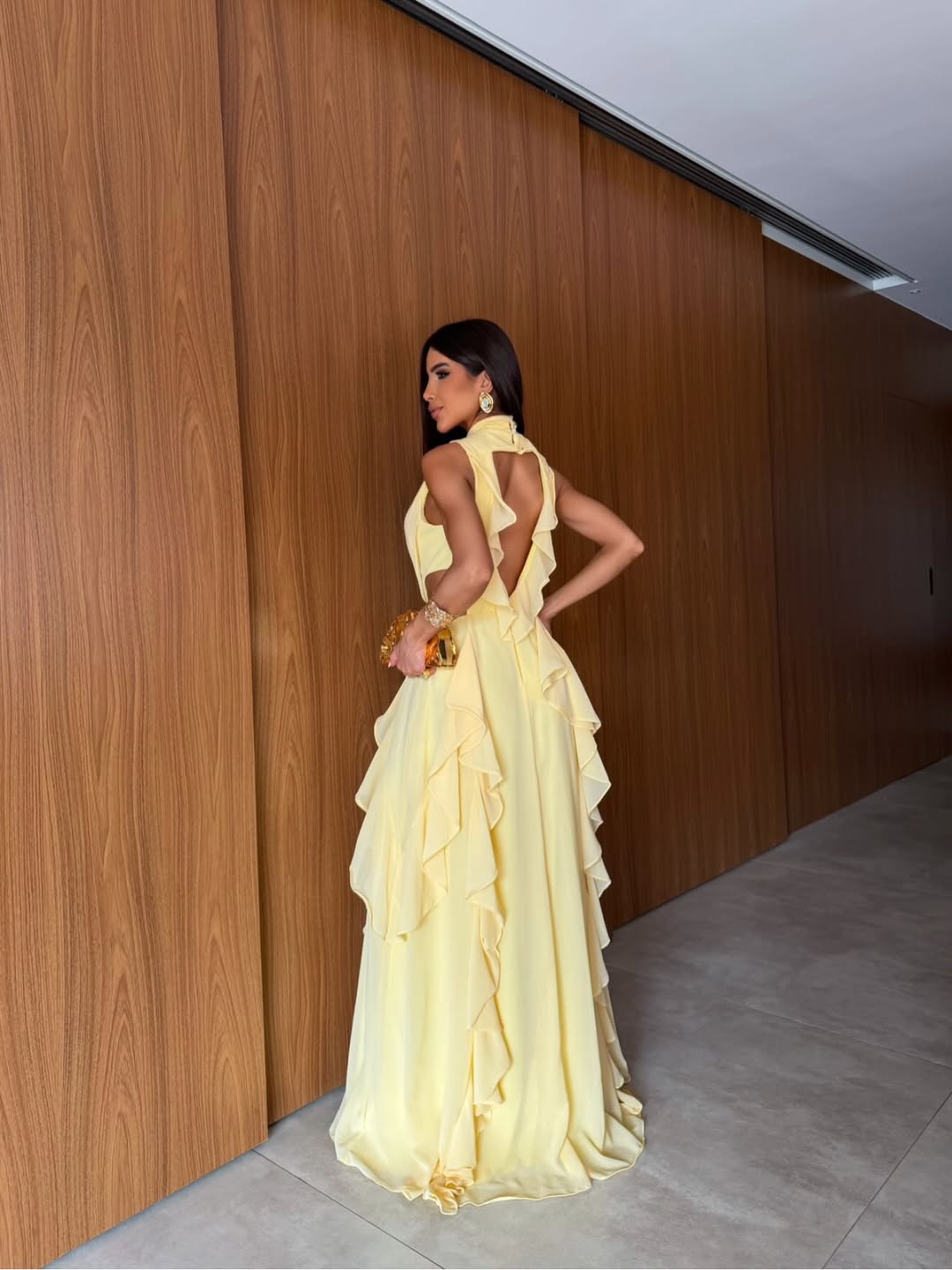 Halter Ruffle Open-Back Chiffon Gown