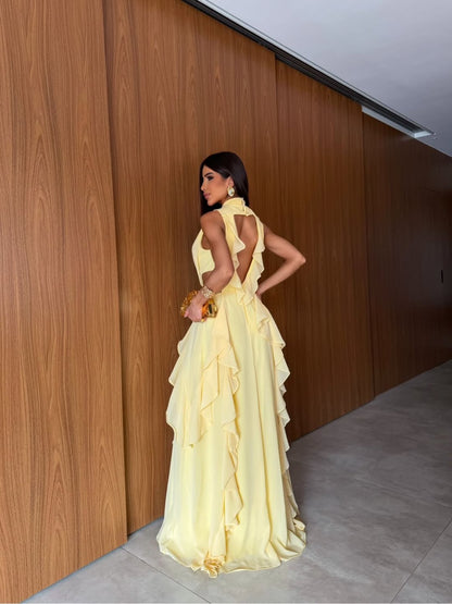 Halter Ruffle Open-Back Chiffon Gown