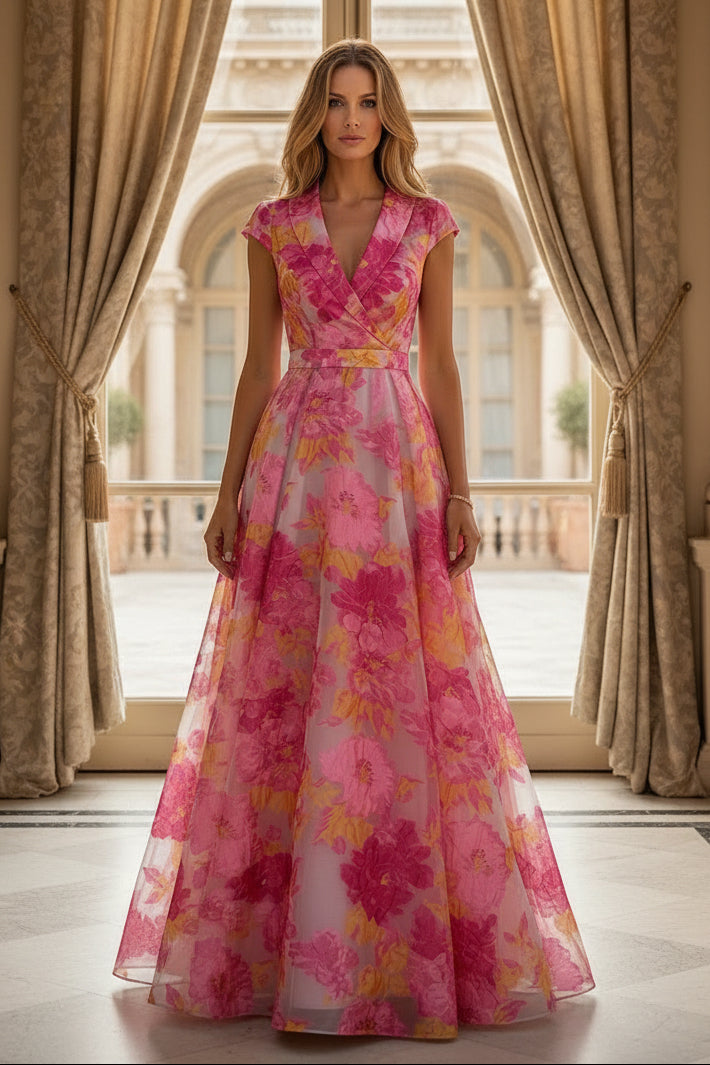 Floral Print A-Line Maxi Dress with Wrap V-Neck Bodice