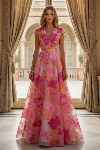 Floral Print A-Line Maxi Dress with Wrap V-Neck Bodice