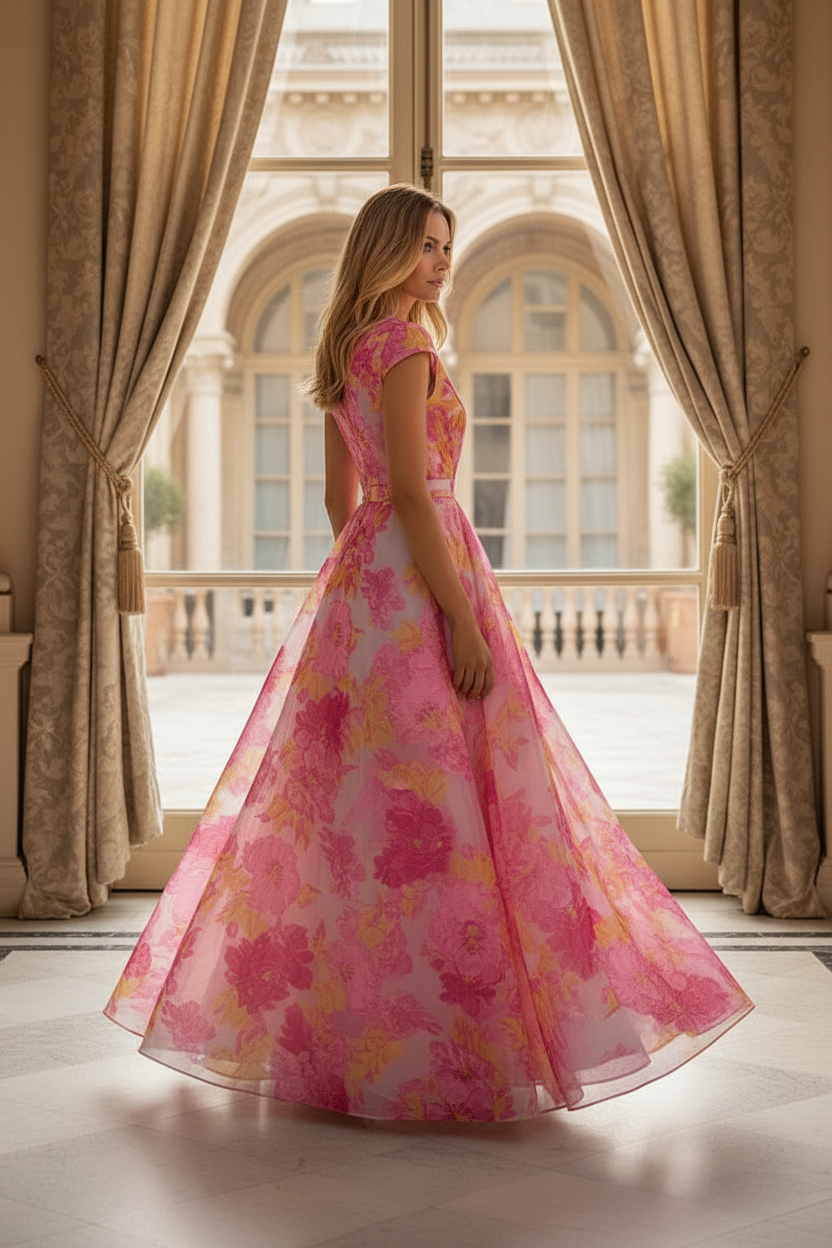 Floral Print A-Line Maxi Dress with Wrap V-Neck Bodice