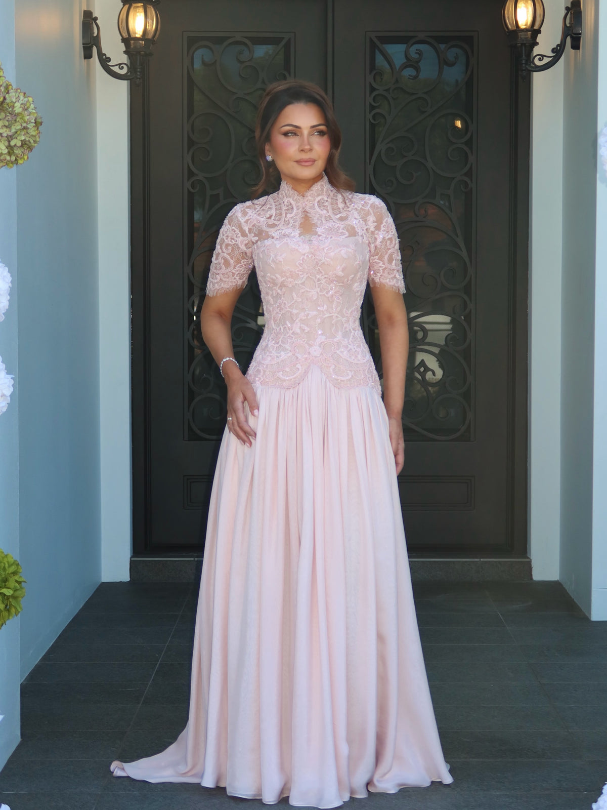 High Neck Lace Bodice Gown with Short Sleeves