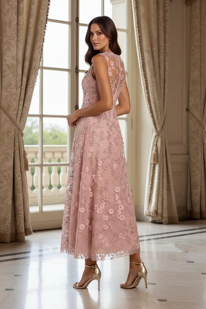 Floral Applique Sleeveless Tea-Length A-Line Dress