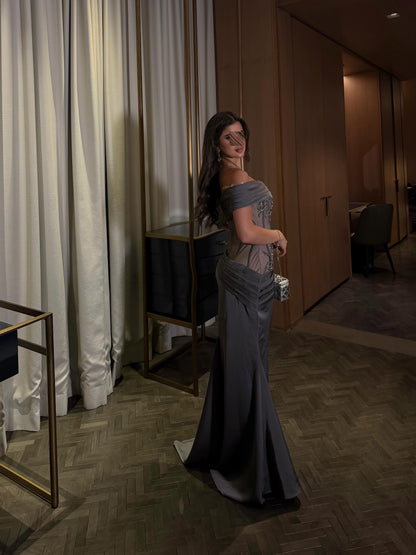 Off-the-Shoulder Beaded Corset Satin Evening Gown