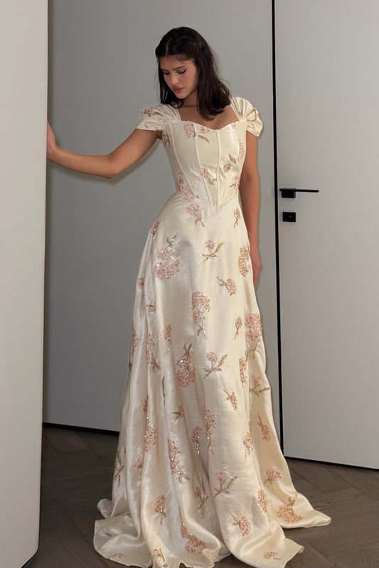 Embroidered Corset Gown with Cap Sleeves