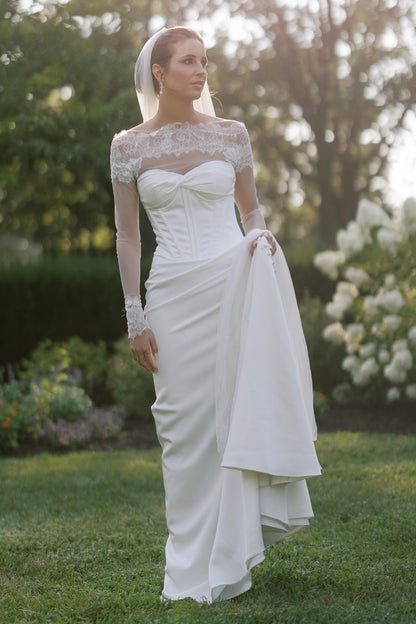 Lace Sleeve Corset Wedding Dress with Draped Skirt
