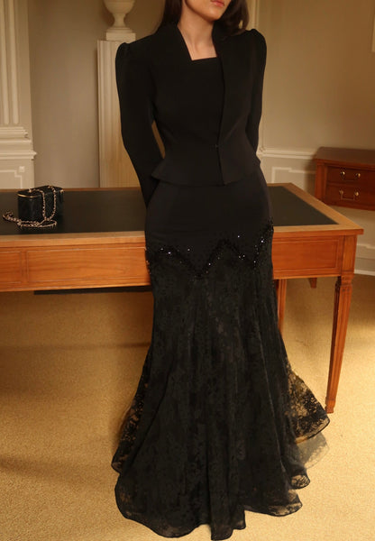Square Neck Mermaid Gown with Jacket & Lace Skirt
