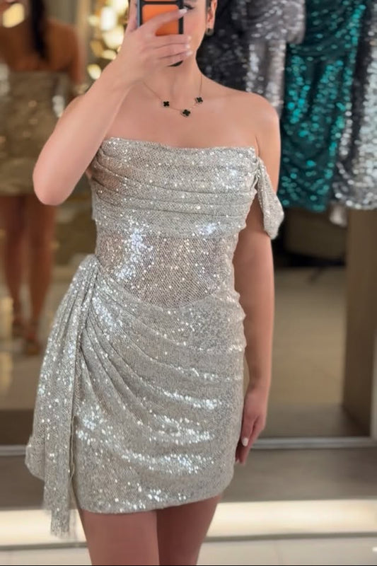 Strapless Sequined Corset Mini Dress with Side Drape