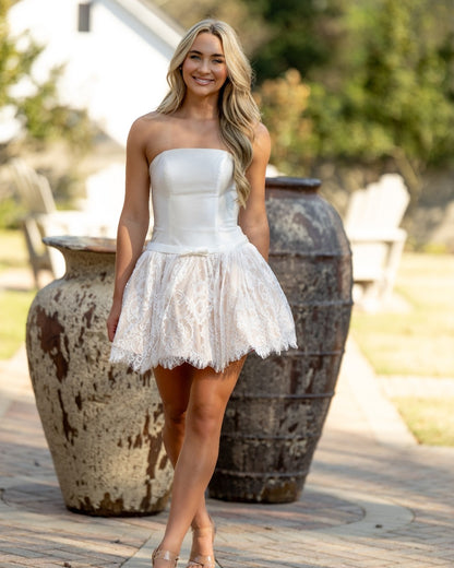 Strapless Satin Bodice Lace Mini Dress