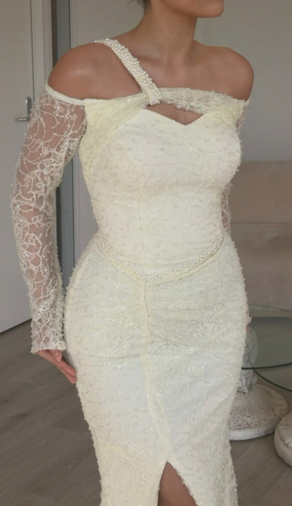 Pearl-Strap Lace Long Sleeve Evening Gown