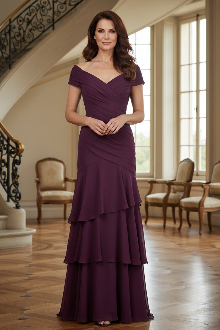 Off-Shoulder Tiered Ruffle Gown with Ruched Bodice