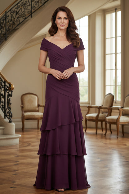 Off-Shoulder Tiered Ruffle Gown with Ruched Bodice