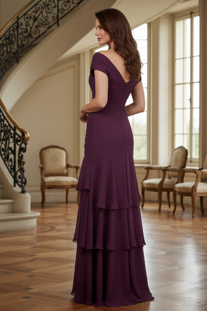Off-Shoulder Tiered Ruffle Gown with Ruched Bodice