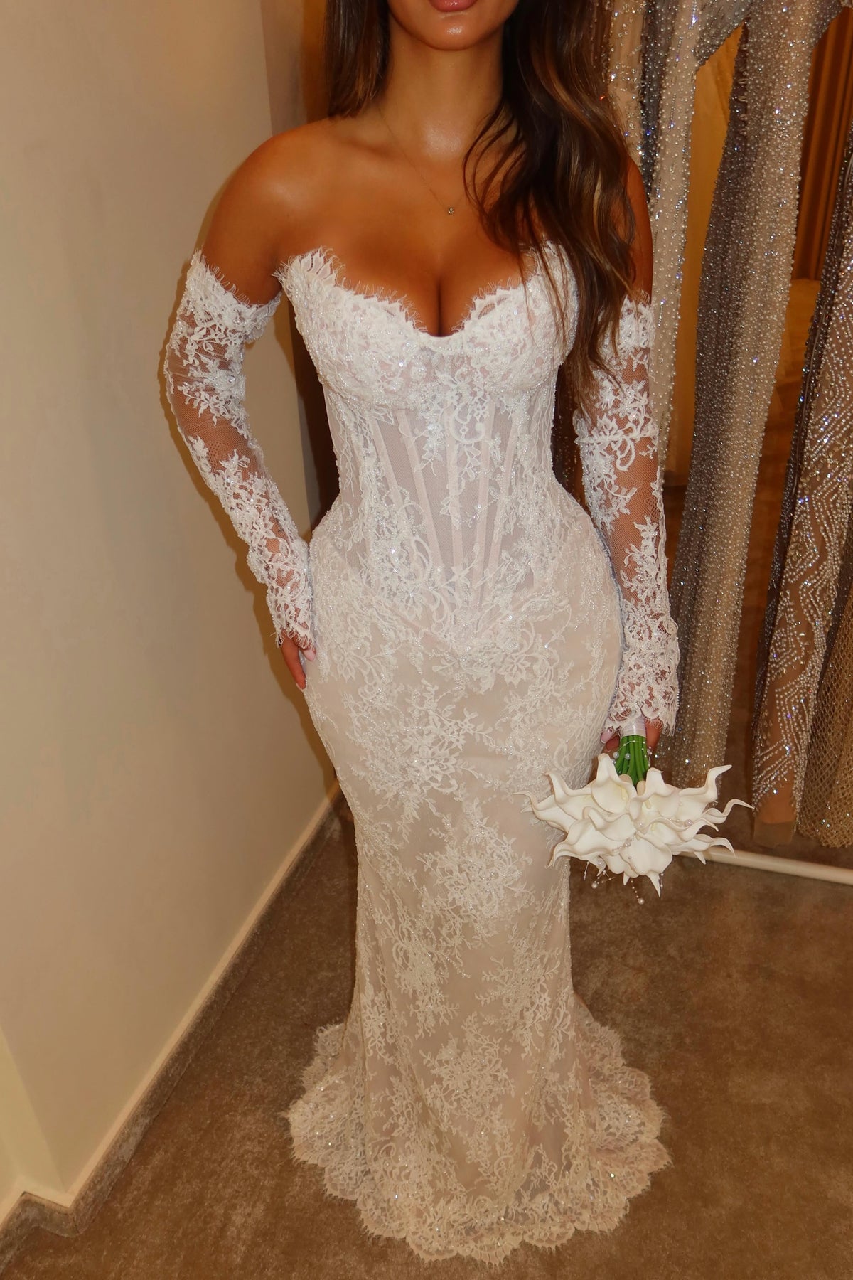 Strapless Lace Corset Wedding Dress with Sleeves