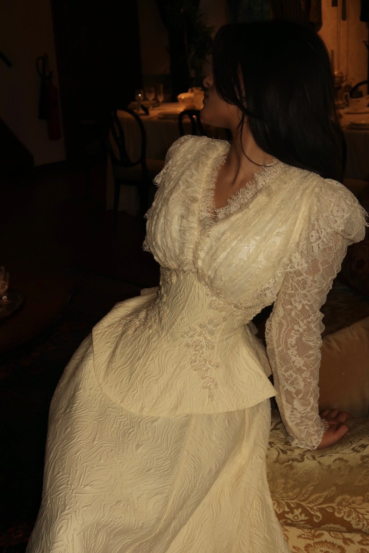 Lace Long Sleeve Corset Peplum Ball Gown