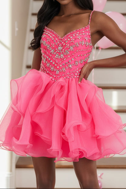 Sweetheart Beaded Tiered Ruffle Mini Dress