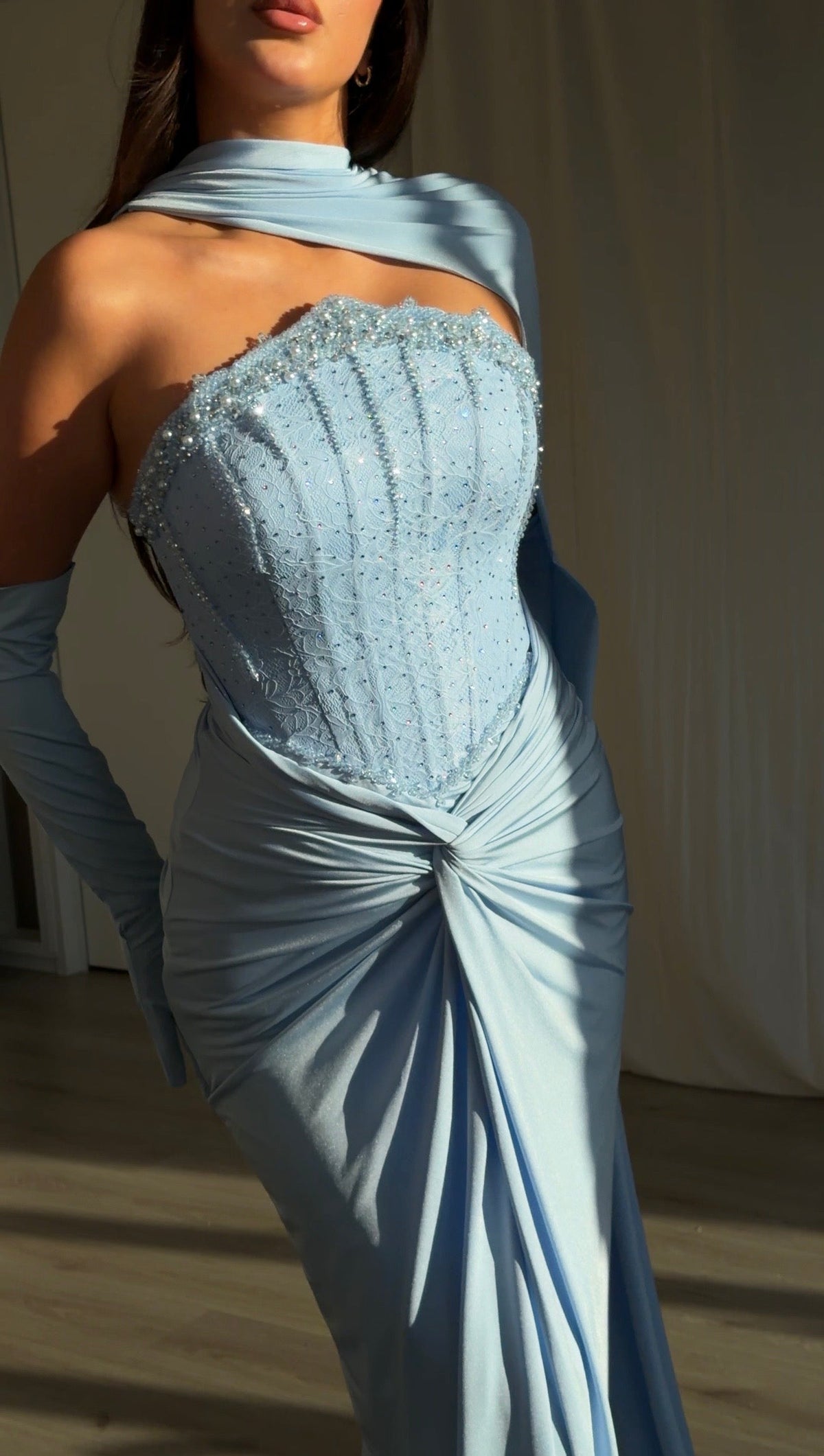 Beaded Corset Gown with Draped Cape and Gloves