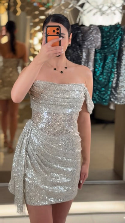 Strapless Sequined Corset Mini Dress with Side Drape