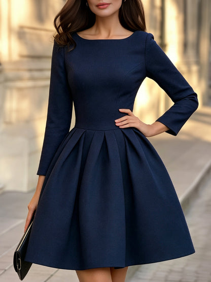 Bateau Neck Pleated A-Line Dress with Sleeves