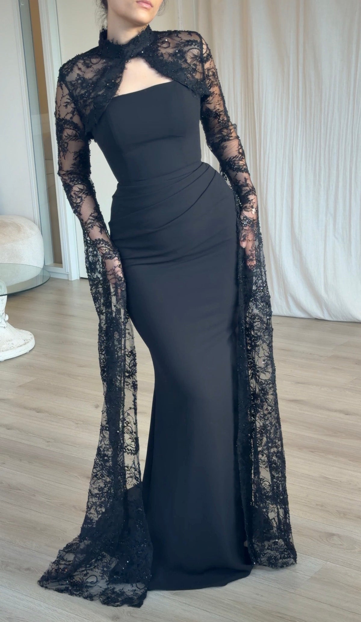 Ruched Column Gown with Sheer Lace Cape