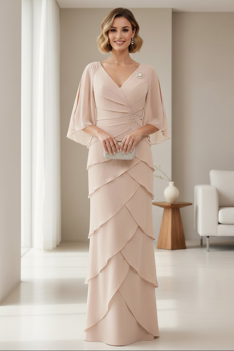Tiered Chiffon Cape Sleeve Mother of the Bride Gown with Beaded Waist Detail