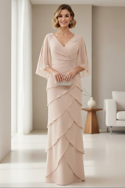 Tiered Chiffon Cape Sleeve Mother of the Bride Gown with Beaded Waist Detail