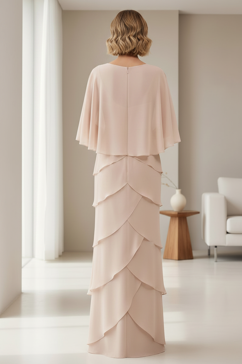 Tiered Chiffon Cape Sleeve Mother of the Bride Gown with Beaded Waist Detail