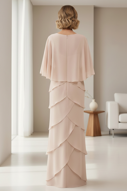 Tiered Chiffon Cape Sleeve Mother of the Bride Gown with Beaded Waist Detail