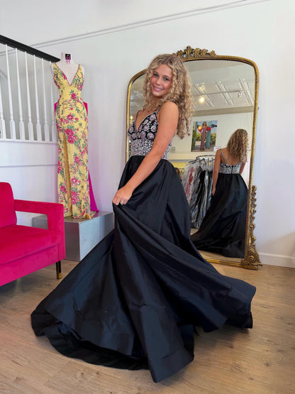Beaded Bodice Ball Gown with High Slit and Train