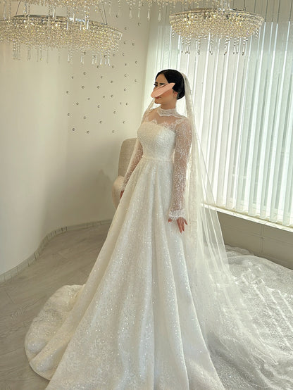 High Neck Illusion Long Sleeve Ball Gown Wedding Dress