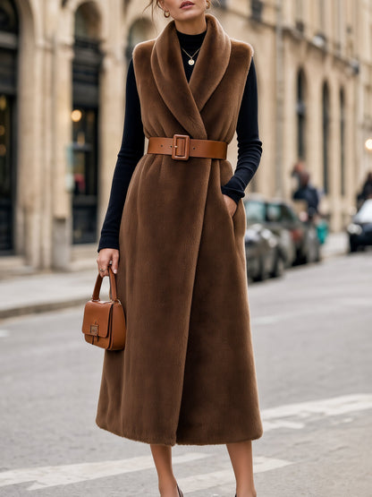 Belted Sleeveless Shawl-Collar Long Vest Coat