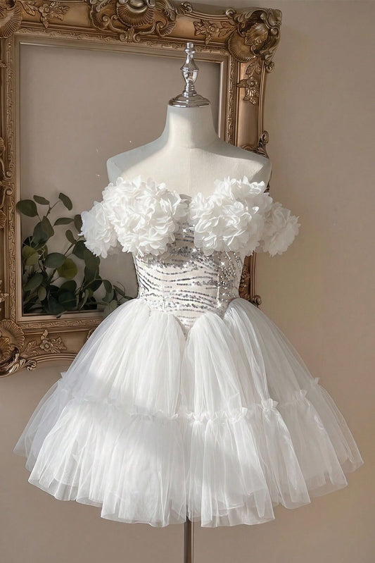Off-the-Shoulder 3D Flower Tulle Corset Mini Dress