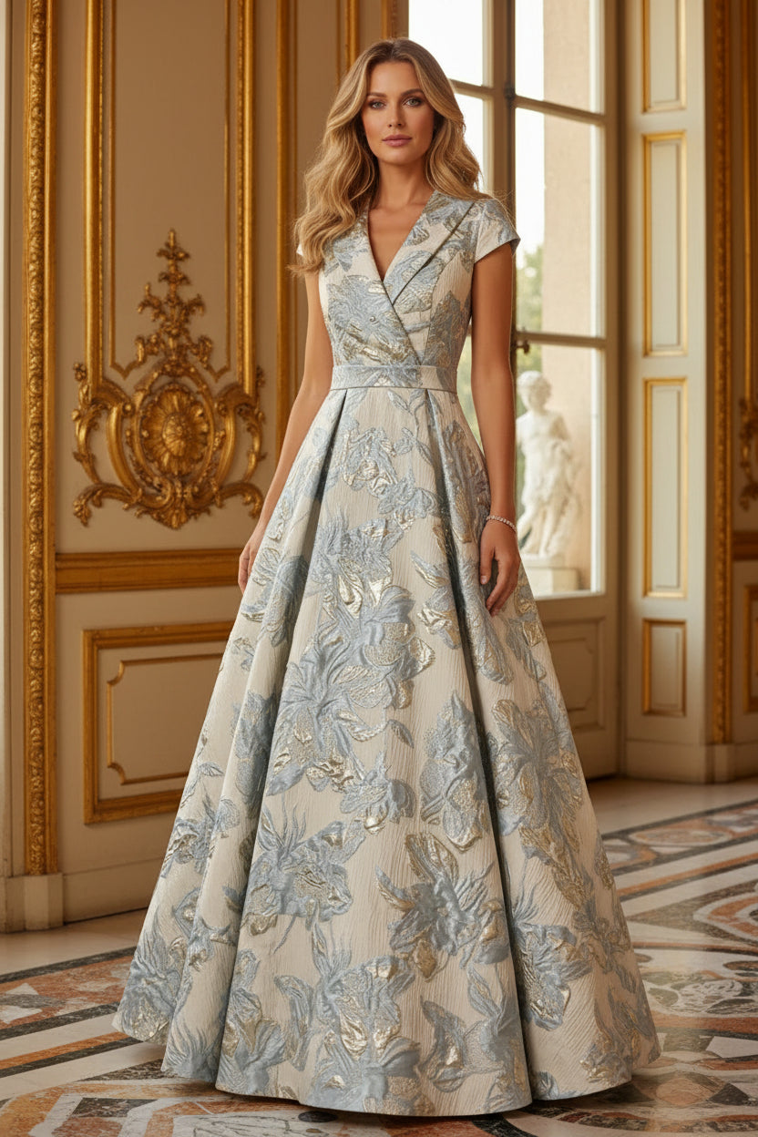 Floral Jacquard Lapel V-Neck A-Line Gown