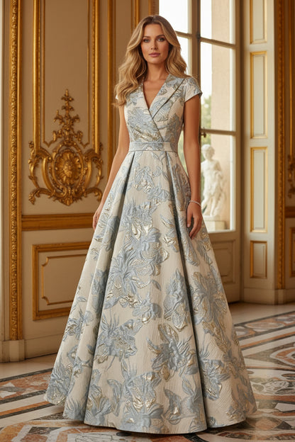 Floral Jacquard Lapel V-Neck A-Line Gown