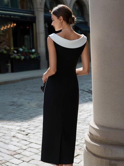 Contrast Collar Sleeveless Midi Column Dress