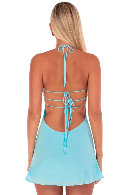 Halter Backless Mini Dress with Floral Trim