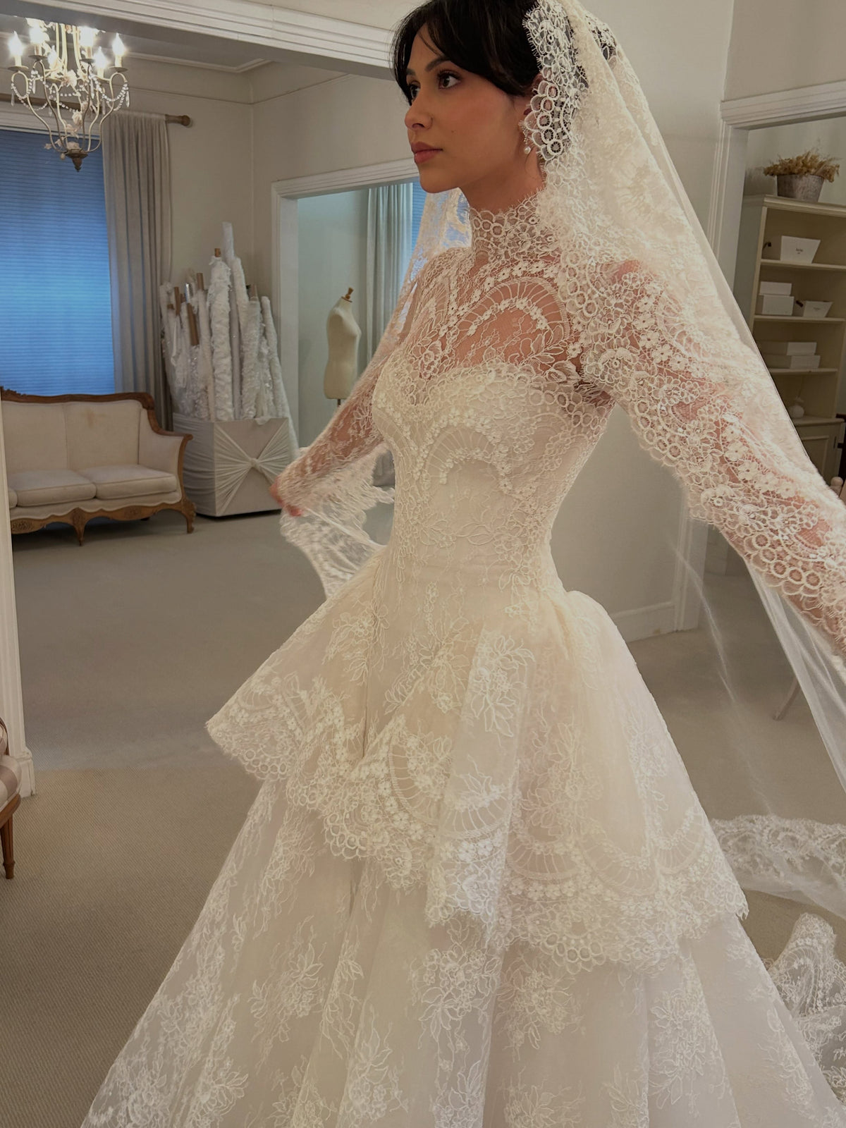 High-Neck Long-Sleeve Tiered Lace Ball Gown Wedding Dress