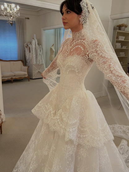 High-Neck Long-Sleeve Tiered Lace Ball Gown Wedding Dress