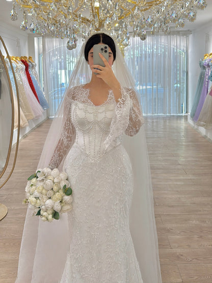 Illusion Lace Mermaid Wedding Dress with Pearl Corset