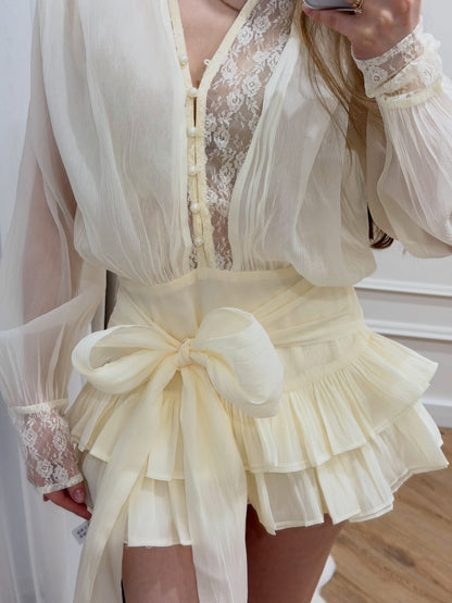 V-Neck Tiered Ruffled Mini Dress with Lace Details