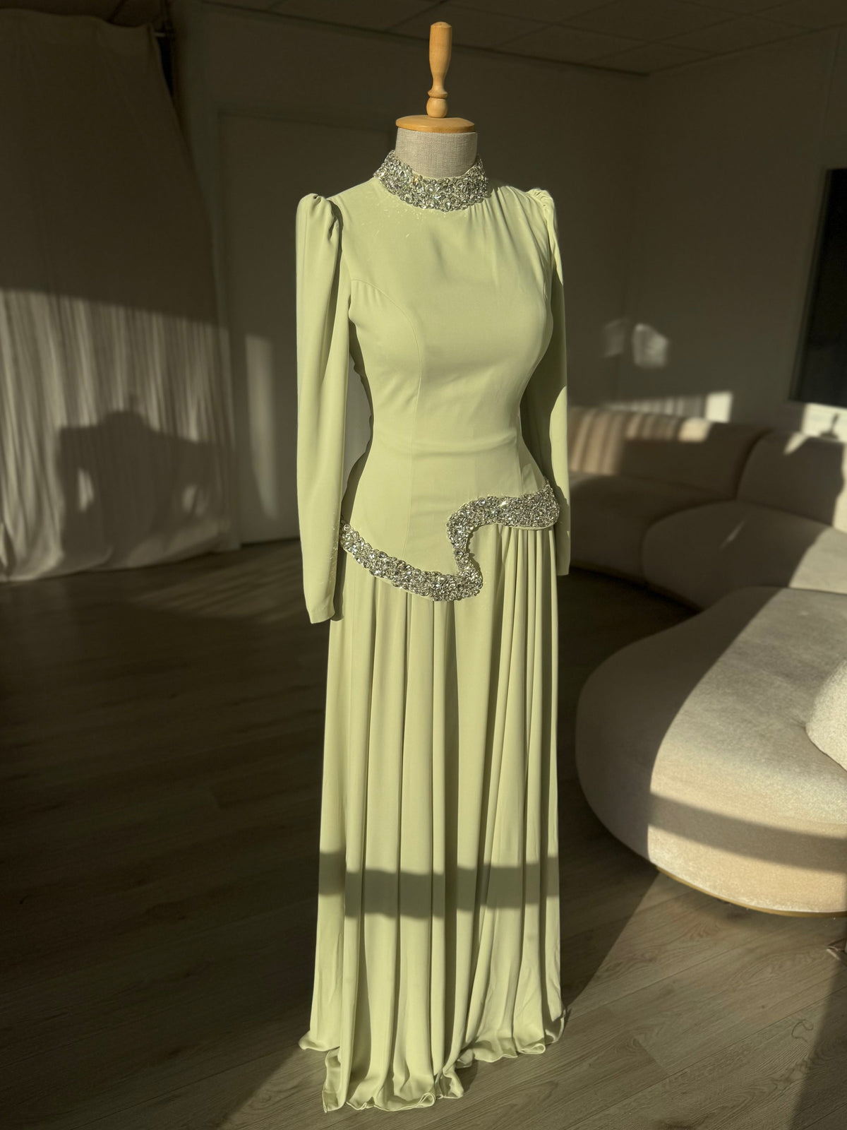 High Neck Long Sleeve Evening Gown with Crystal Trim