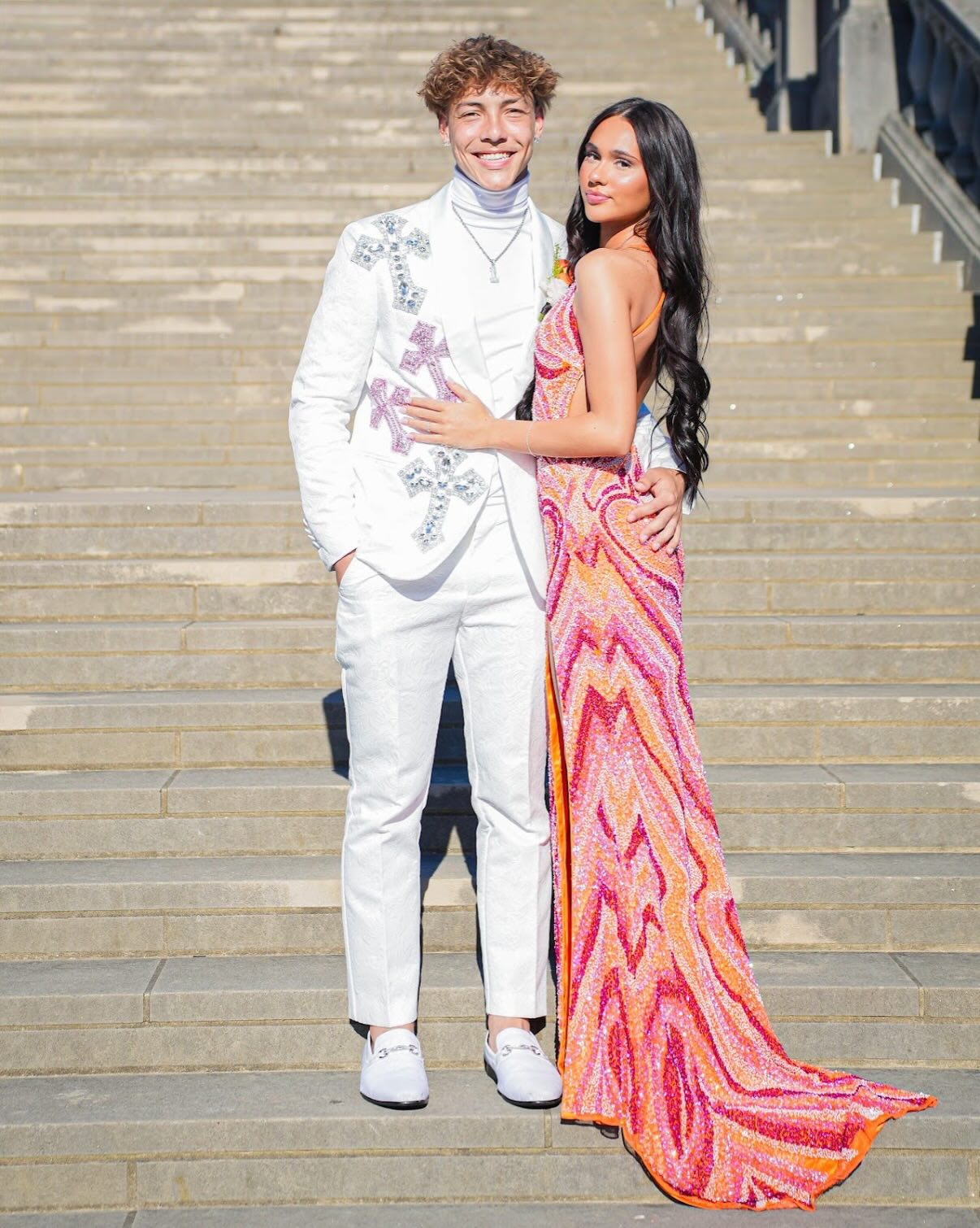 Patterned Sequin Open Back Formal Gown