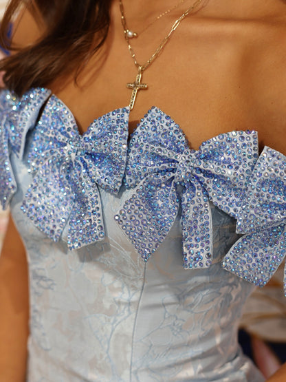 Off-the-Shoulder Bow Embellished Jacquard Mini Dress
