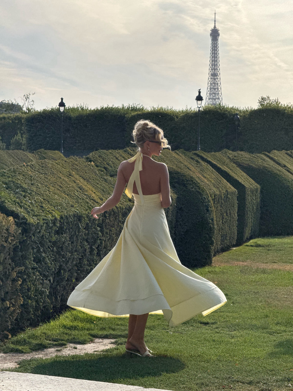 Halter Plunge Open-Back Flared Midi Dress