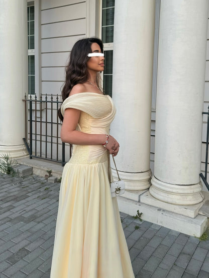 Off Shoulder Pleated Corset A-line Gown