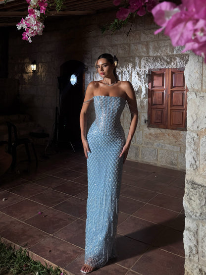 Strapless Beaded Column Gown with Arm Chains