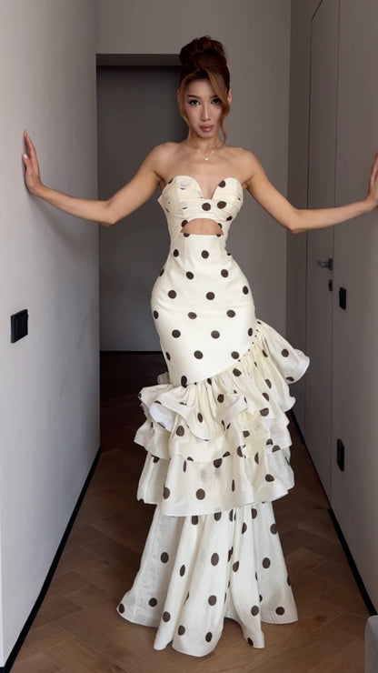 Strapless Polka Dot Tiered Mermaid Gown