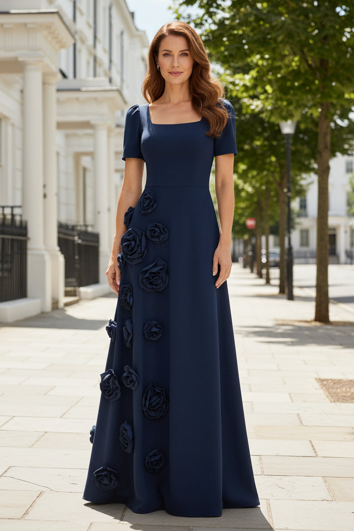 Navy Floor-Length Gown with 3D Rosette Skirt Detail